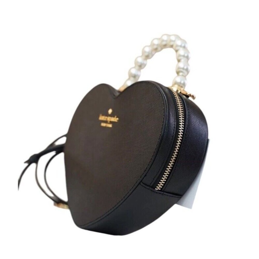 NWT Kate Spade KF516 Love Shack Heart Pearl Crossbody Purse Black Leather $389 - Picture 6 of 7